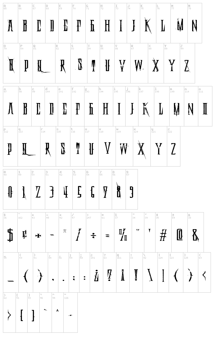 Deadly Black Chain font map